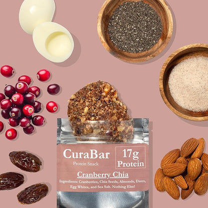 CuraBar Protein Bars – Cranberry Chia, 17g Protein, Low Carb, Gluten Free, Dairy Free, Healthy Snack, Seed Oil Free, No Artificial Ingredients, 12 Count