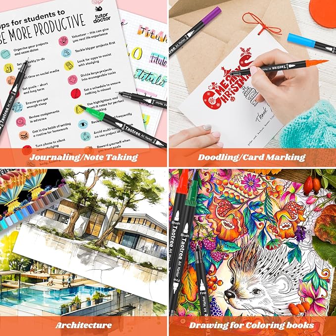 Taotree 120 Colors Dual Tip Art Markers Pens for Kids Adult Coloring Book, Artist Fine & Brush Tip Coloring Markers Drawing Pens Craft Art Supplies for Journaling Note Taking Lettering Calligraphy