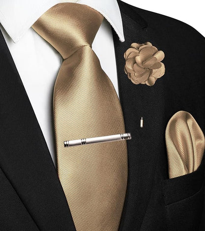 JEMYGINS Formal Necktie Solid Color Tie and Pocket Square with Tie Clip Lapel Pin Sets for Men 4PCS