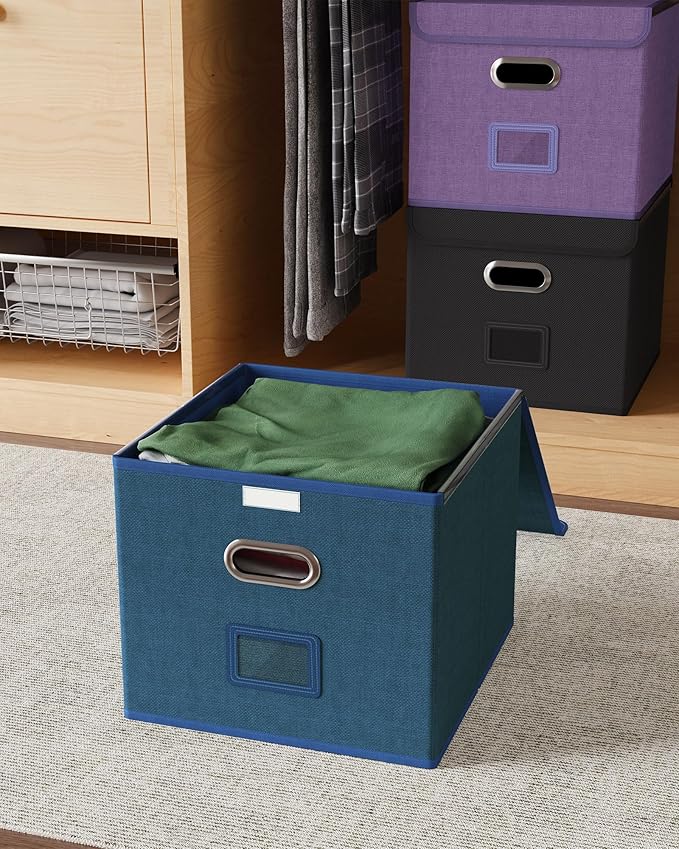 Oterri 2 Pack File Organizer Box,File Box,Small File Cabinet for Letter Folders,Dark Blue Portable Filing Box,Hanging File Folder Organizer with Lid for Office/Decor/Home- without Folders