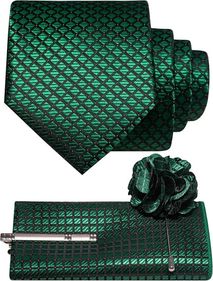 JEMYGINS Mens Solid Color Plaid Tie and Lapel Pin Necktie Pocket Square and Tie Clip with Sets for Business Casual 4PCS