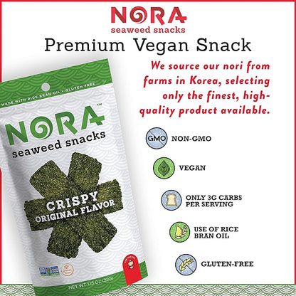 Original Crispy Seaweed Snacks by Nora, Low-Carb Healthy Snacks for Adults, Thick Nori Sheets Snack Strips, Asian Snacks, Vegan, Gluten-Free, Non-GMO, 12-Pack