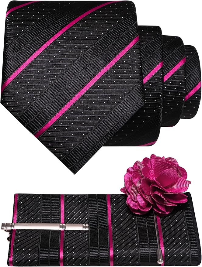 JEMYGINS Mens Striped Tie and Lapel Pin Necktie Pocket Square with Tie Clip Sets for Business Casual 4PCS