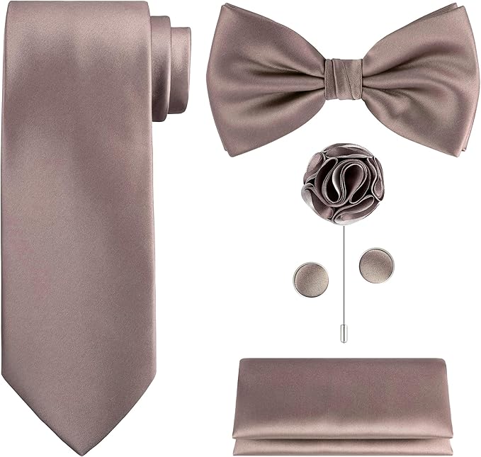 TIE G 5pcs Tie Set in WHITE OR BLACK GIFT BOX: Solid Color Necktie, Satin Bow Tie, Pocket Square, Lapel, Cuff Links