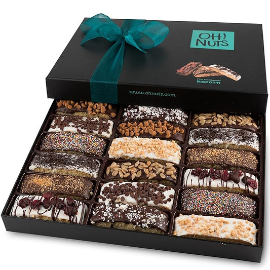 Oh! Nuts Gourmet Gift Baskets - 18 Biscotti Cookie Chocolate Gift Basket - Unique Prime Holiday, Birthday, Anniversary, Corporate Tray for Men, Women