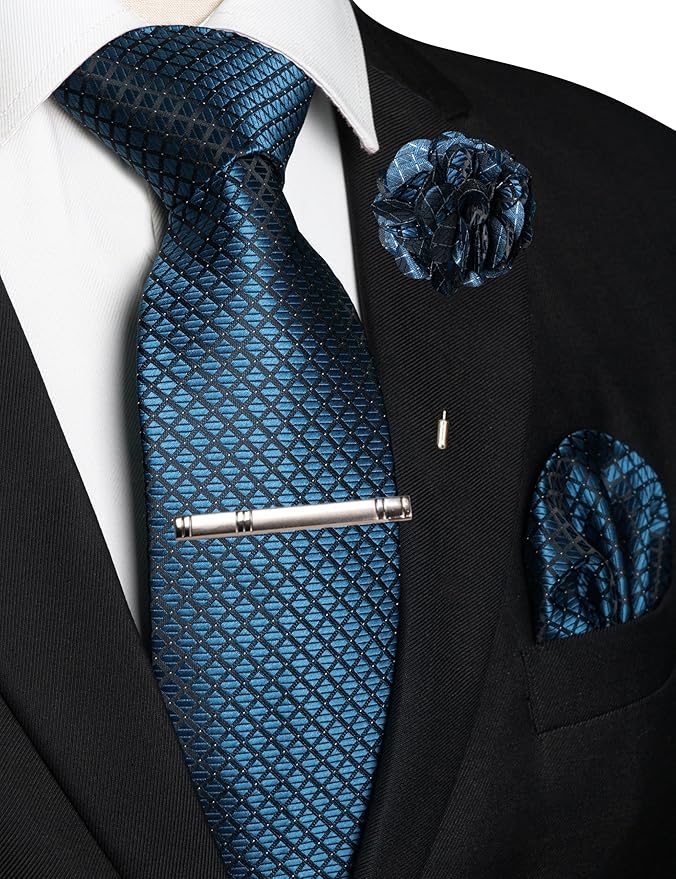 JEMYGINS Mens Solid Color Plaid Tie and Lapel Pin Necktie Pocket Square and Tie Clip with Sets for Business Casual 4PCS
