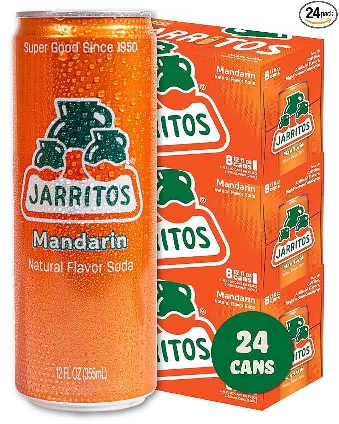 Jarritos - Mexican Soda Soft Drinks, Mandarin (12 oz, 355ml) 24 Cans (3 Boxes of 8) - Real Cane Sugar - 140 Calories, 0g Fat - Made in Mexico - Natural Flavor Soda Pop - Party & BBQ Beverages
