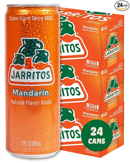 Jarritos - Mexican Soda Soft Drinks, Mandarin (12 oz, 355ml) 24 Cans (3 Boxes of 8) - Real Cane Sugar - 140 Calories, 0g Fat - Made in Mexico - Natural Flavor Soda Pop - Party & BBQ Beverages