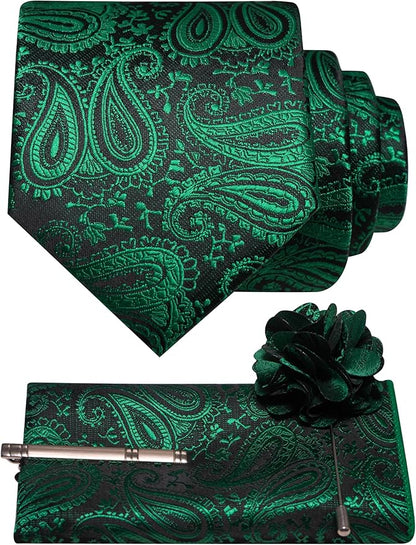 JEMYGINS Mens Paisley Tie and Lapel Pin Necktie Pocket Square and Tie Clip with Sets for Business Casual 4PCS