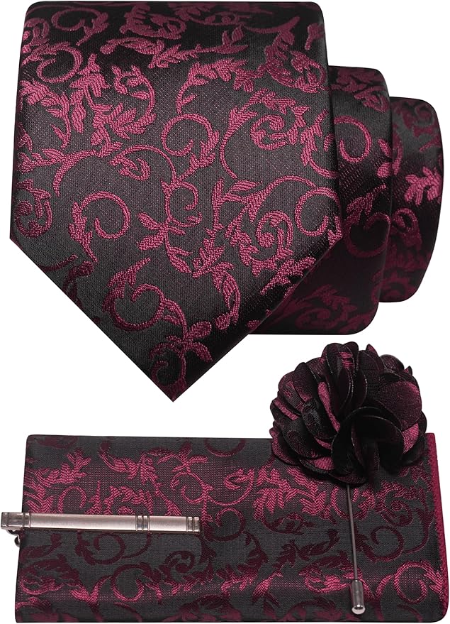 JEMYGINS Mens Floral Tie and Lapel Pin Necktie Pocket Square and Tie Clip with Sets for Business Casual 4PCS