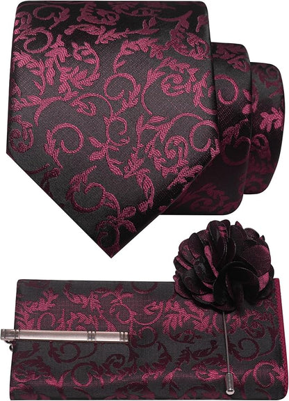 JEMYGINS Mens Floral Tie and Lapel Pin Necktie Pocket Square and Tie Clip with Sets for Business Casual 4PCS