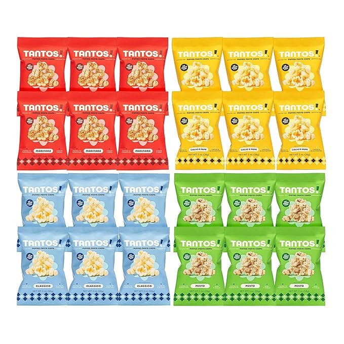 Tantos! Puffed Pasta Chips, Healthy Pasta Snack by Top Chef Joe Sasto, As Seen on Shark Tank, Plant Based, Low Calorie, Crunchy Chips, Variety Pack, Marinara, Pesto, Cacio e Pepe, Classico, Gourmet Bold Flavors, 1oz 24 Pack 6 of Each Flavor, Variety