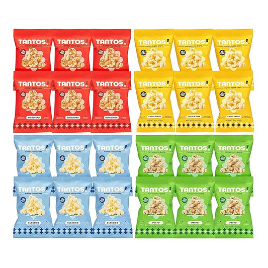 Tantos! Puffed Pasta Chips, Healthy Pasta Snack by Top Chef Joe Sasto, As Seen on Shark Tank, Plant Based, Low Calorie, Crunchy Chips, Variety Pack, Marinara, Pesto, Cacio e Pepe, Classico, Gourmet Bold Flavors, 1oz 24 Pack 6 of Each Flavor, Variety