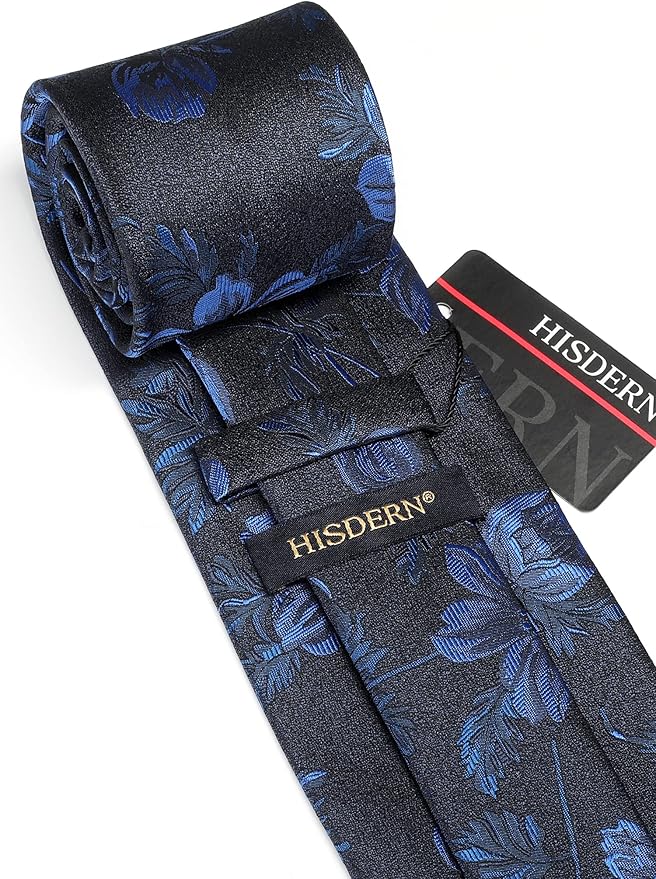 HISDERN Men Floral Ties Woven Classic 3.4" Necktie Set Formal Tie Pocket Square for Wedding with Handkerchief Gift Box