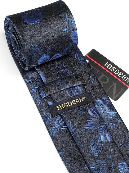HISDERN Men Floral Ties Woven Classic 3.4" Necktie Set Formal Tie Pocket Square for Wedding with Handkerchief Gift Box