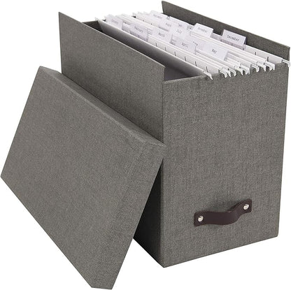 Bigso John Desktop File Box File Storage Box and Document Organizer for Important Paperwork Durable Hanging File Box with a Lid and Leather Handle 7.4’’ x 13’’ x 10.4’’ | Grey