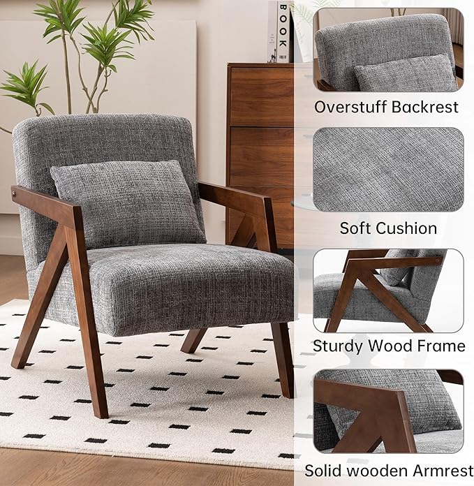 Mid Century Modern Accent Chair with Solid Wood Frame，Upholstered Chenille Living Room Arm Chairs with Pillow for Bedroom, Living Room, Reading Room, Balcony (1, Grey)