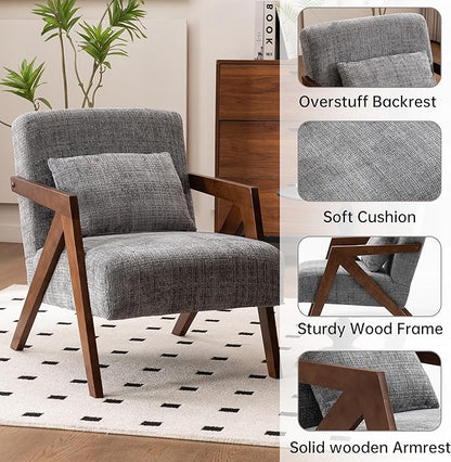 Mid Century Modern Accent Chair with Solid Wood Frame，Upholstered Chenille Living Room Arm Chairs with Pillow for Bedroom, Living Room, Reading Room, Balcony (1, Grey)