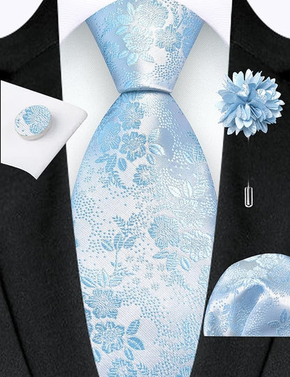 GUSLESON 3.15"（8cm） Mens Floral Tie and Lapel Pin Necktie Hankerchief Cufflinks Set for Men