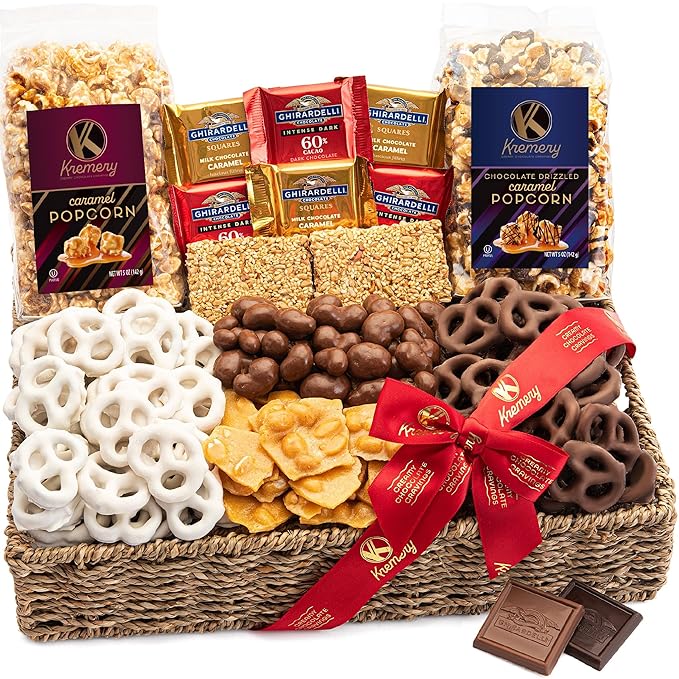 KREMERY Creamy Chocolate Cravings - Thanksgiving Chocolate Covered Pretzels & Caramel Popcorn Gift Basket, in Seagrass Tray + Ribbon (Deluxe, 3.5 lbs) Holiday Xmas Christmas