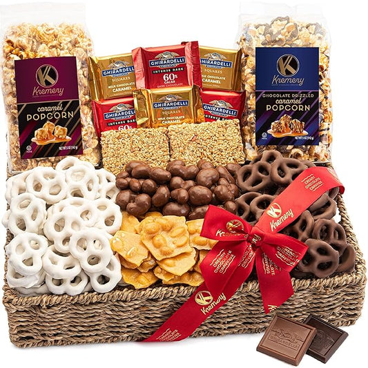 KREMERY Creamy Chocolate Cravings - Thanksgiving Chocolate Covered Pretzels & Caramel Popcorn Gift Basket, in Seagrass Tray + Ribbon (Deluxe, 3.5 lbs) Holiday Xmas Christmas