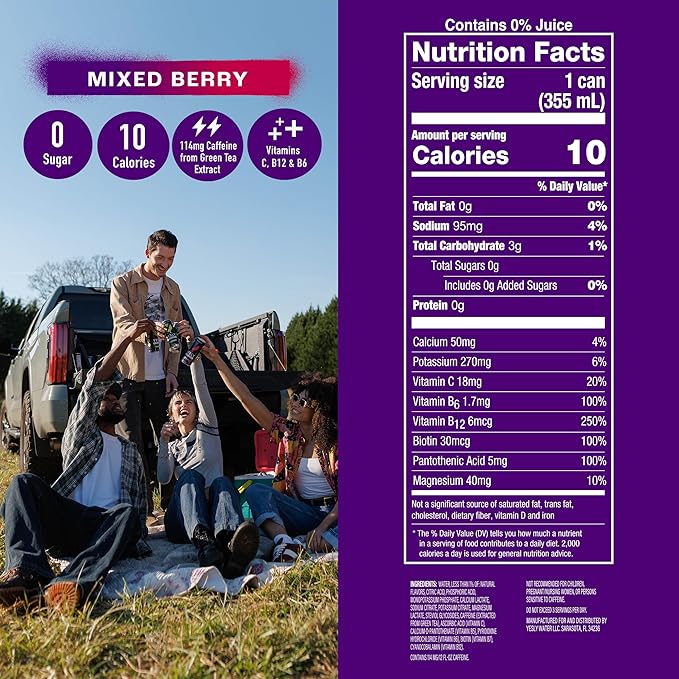 Yesly Energy Drink, Mixed Berry, Naturally Flavored Sparkling Energy Drink With Electrolytes, Magnesium, Potassium, Vitamin C, B6 & B12, Natural Caffeine From Green Tea, 12 Fl Oz Cans, 12 Pack