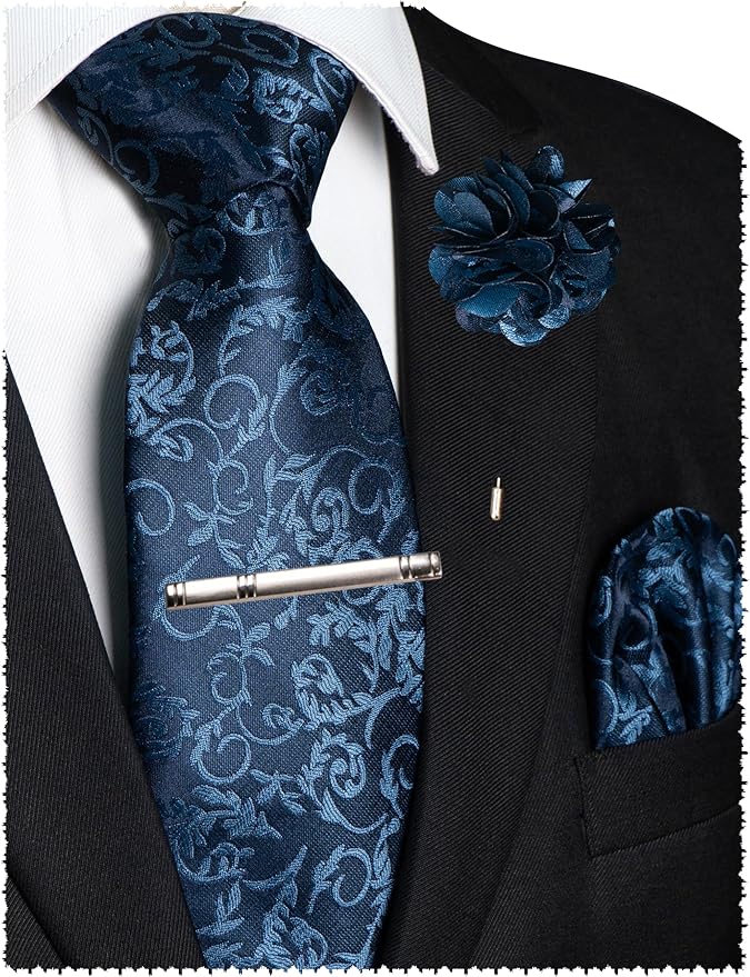 JEMYGINS Mens Floral Tie and Lapel Pin Necktie Pocket Square and Tie Clip with Sets for Business Casual 4PCS
