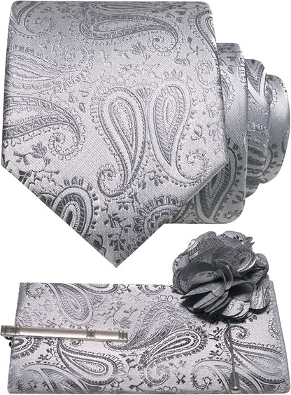 JEMYGINS Mens Paisley Tie and Lapel Pin Necktie Pocket Square and Tie Clip with Sets for Business Casual 4PCS