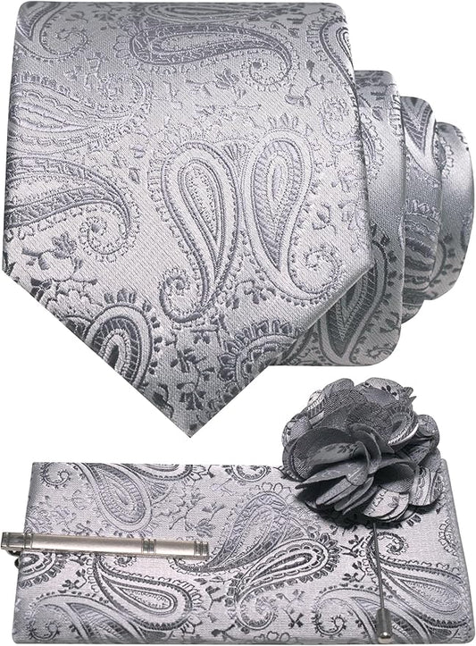 JEMYGINS Mens Paisley Tie and Lapel Pin Necktie Pocket Square and Tie Clip with Sets for Business Casual 4PCS