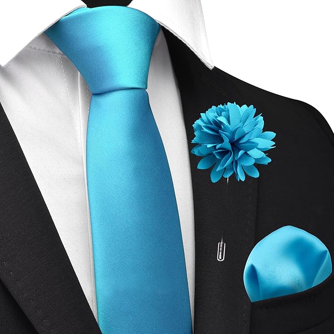 Branduce 3.15"（8cm） Pre-tied Adjustable Zipper Tie and Lapel Pin Solid Necktie Handkerchief Set for Men