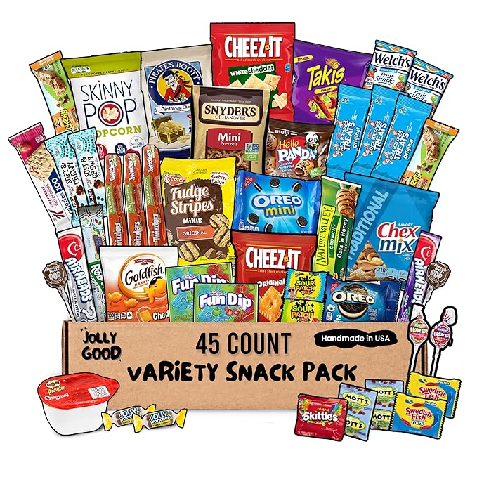 Jolly Good 45 Count Premium Brand Snack Box Variety Pack Care Package – Thanksgiving Gift Basket Candy Treats Chips Cookies for Adults, Kids, Teens, College Students, Men, Women – Ideal for Birthdays College School Office Military, all holidays includi...