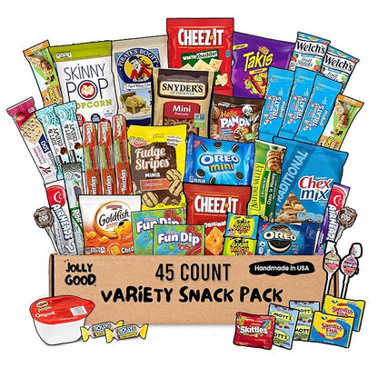 Jolly Good 45 Count Premium Brand Snack Box Variety Pack Care Package – Thanksgiving Gift Basket Candy Treats Chips Cookies for Adults, Kids, Teens, College Students, Men, Women – Ideal for Birthdays College School Office Military, all holidays includi...