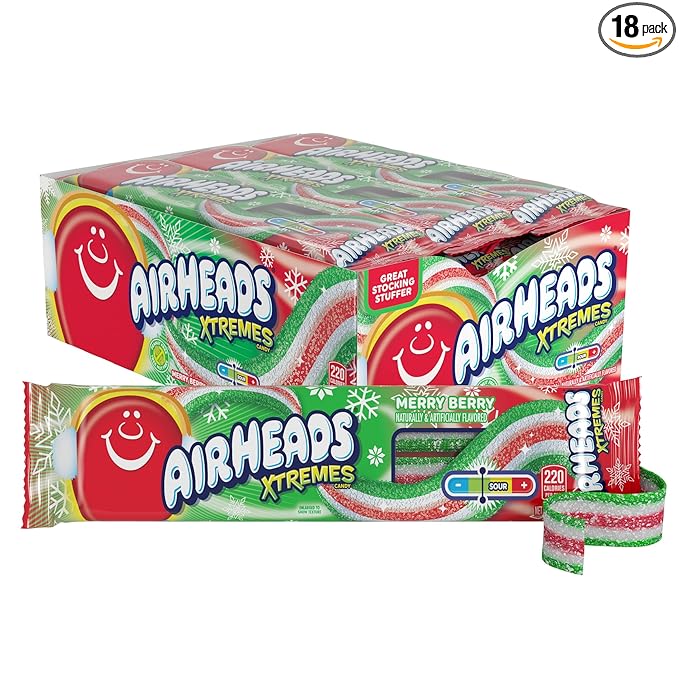 Airheads Xtremes, Sweetly Sour Holiday Merry Berry Flavored Candy Belts, 2oz (Pack of 18)