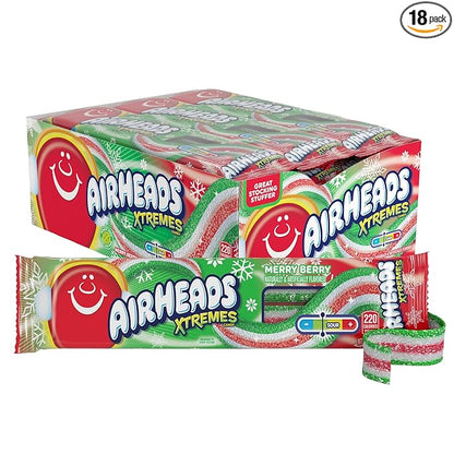 Airheads Xtremes, Sweetly Sour Holiday Merry Berry Flavored Candy Belts, 2oz (Pack of 18)