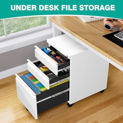 3 Drawer File Cabinet with Wheels,Under Desk File Cabinet with Lock,White Rolling Filing Cabinet,Three Drawer Metal Filing Cabinets for Home Office,Fit A4/Letter/Legal,Fully Assembled Except Casters