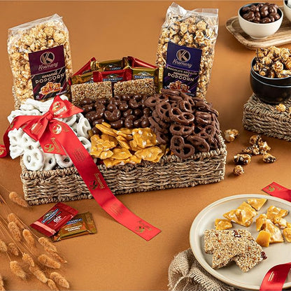 KREMERY Creamy Chocolate Cravings - Thanksgiving Chocolate Covered Pretzels & Caramel Popcorn Gift Basket, in Seagrass Tray + Ribbon (Deluxe, 3.5 lbs) Holiday Xmas Christmas