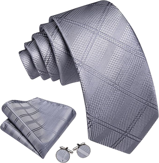 Barry.Wang Tie Sets for Men Silk Solid Necktie Stain Ties Handkerchief Pocket Square Cufflinks Wedding Business Dyed