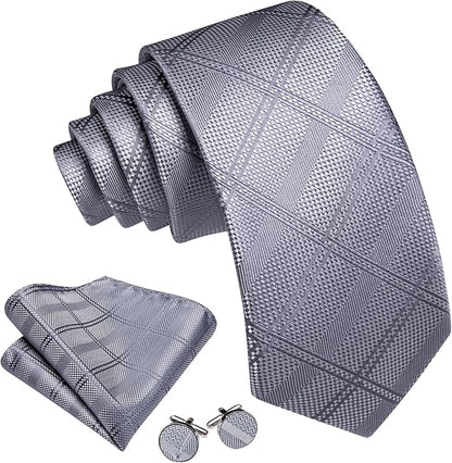Barry.Wang Tie Sets for Men Silk Solid Necktie Stain Ties Handkerchief Pocket Square Cufflinks Wedding Business Dyed