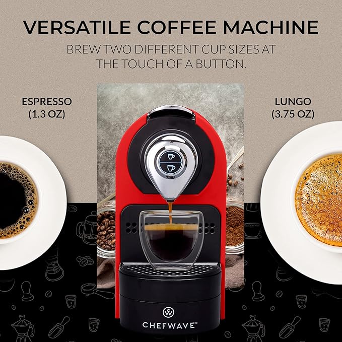 ChefWave Espresso Machine for Nespresso Compatible Capsules (Red) Bundle with Capsule Holder, 2 Glass Cups and Descaling Powder (2 Items)