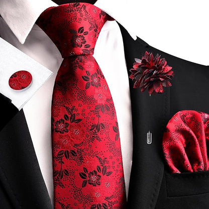 GUSLESON 3.15"（8cm） Mens Floral Tie and Lapel Pin Necktie Hankerchief Cufflinks Set for Men