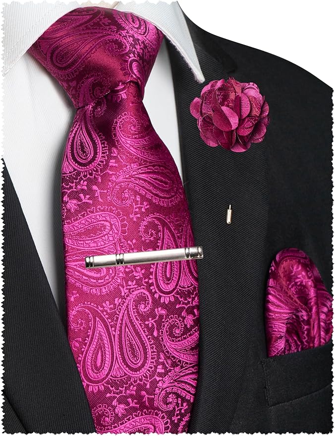 JEMYGINS Mens Paisley Tie and Lapel Pin Necktie Pocket Square and Tie Clip with Sets for Business Casual 4PCS
