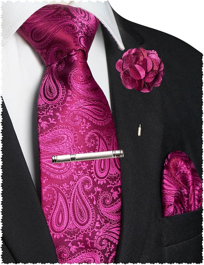 JEMYGINS Mens Paisley Tie and Lapel Pin Necktie Pocket Square and Tie Clip with Sets for Business Casual 4PCS