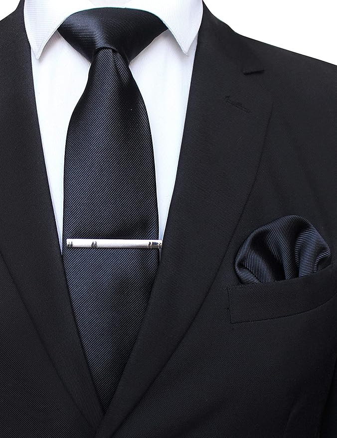JEMYGINS Solid Color Formal Necktie and Pocket Square Tie Clip Sets for Men