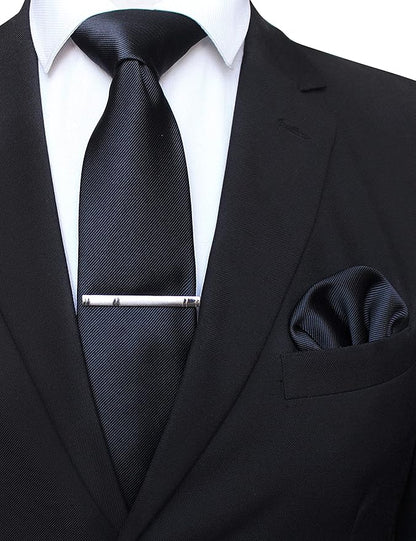 JEMYGINS Solid Color Formal Necktie and Pocket Square Tie Clip Sets for Men