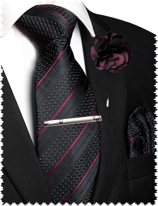 JEMYGINS Mens Striped Tie and Lapel Pin Necktie Pocket Square with Tie Clip Sets for Business Casual 4PCS