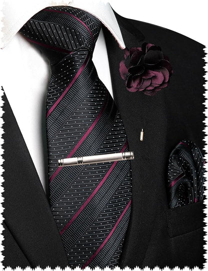 JEMYGINS Mens Striped Tie and Lapel Pin Necktie Pocket Square with Tie Clip Sets for Business Casual 4PCS