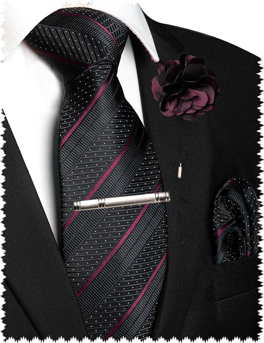 JEMYGINS Mens Striped Tie and Lapel Pin Necktie Pocket Square with Tie Clip Sets for Business Casual 4PCS