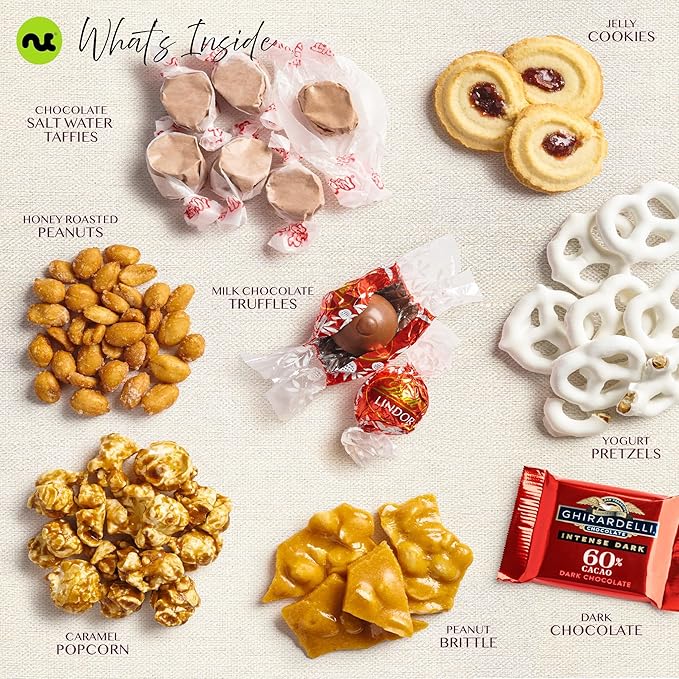 NUT CRAVINGS - Thanksgiving Chocolate Covered Pretzels & Caramel Popcorn Gift Basket, in Black Tower + Ribbon (8 Assortments) Holiday Xmas Christmas Healthy Snack Care Package