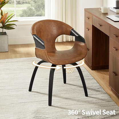 Art Leon Desk Chair No Wheels, Mid Century Modern Office Chair, Faux Leather Upholstered Swive Chair with Wood Legs for Living Room Bedroom, Walnut Bentwood, Brown/Walnut