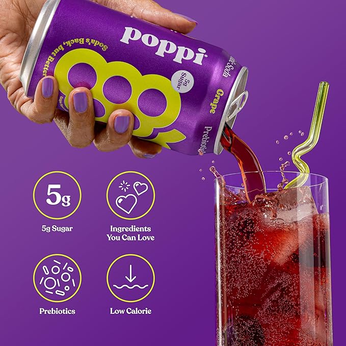 Poppi Sparkling Prebiotic Soda Beverage with Apple Cider Vinegar, Seltzer Water and Fruit Juice, Grape Flavor, 12 Fl Oz, Pack of 12, Packaging May Vary
